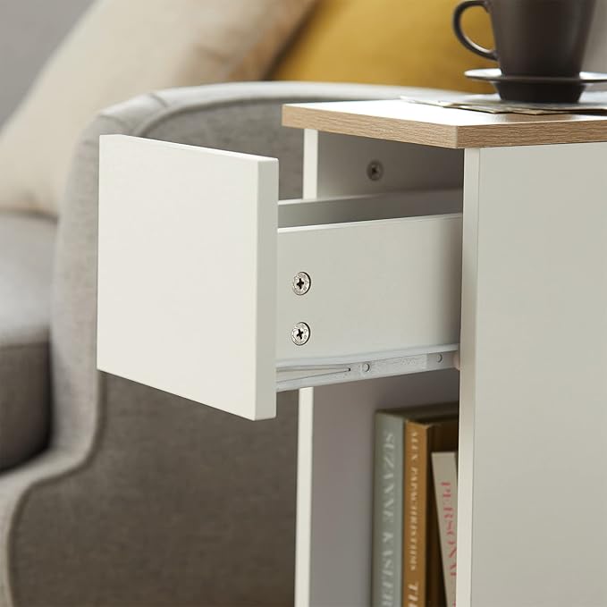 SoBuy Set of 2 Nightstand Narrow Night Stand Modern Design Bedside Furniture Slim End Table Storage Cabinet with Sliding Drawer and Open Compartment, White & Natural FBT111-WNX2