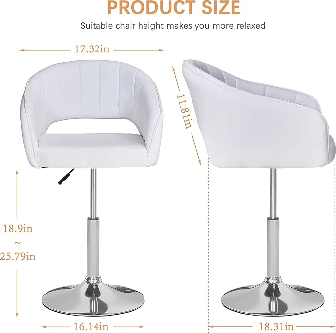 VECELO Velvet Accent Chair Set of 2, Adjustable Luxury Vanity & Dining Chair with Gold Barstool Base, 360°Swivel Upholstered Armchair for Living Room, Bedroom, Home Office, Pearl White