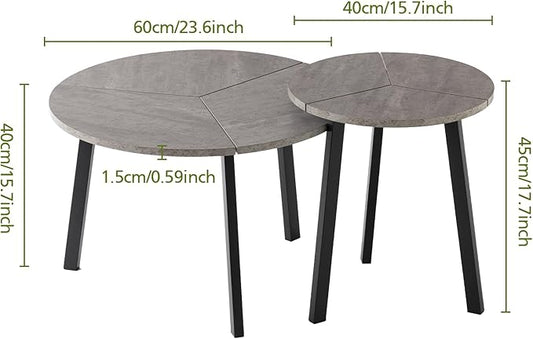 COSIEST Small Coffee Table Set of 2, Round Coffee Table with Sturdy Metal Base, Nesting Coffee Table for Living Room, Bedroom, Office (Gray & Black)