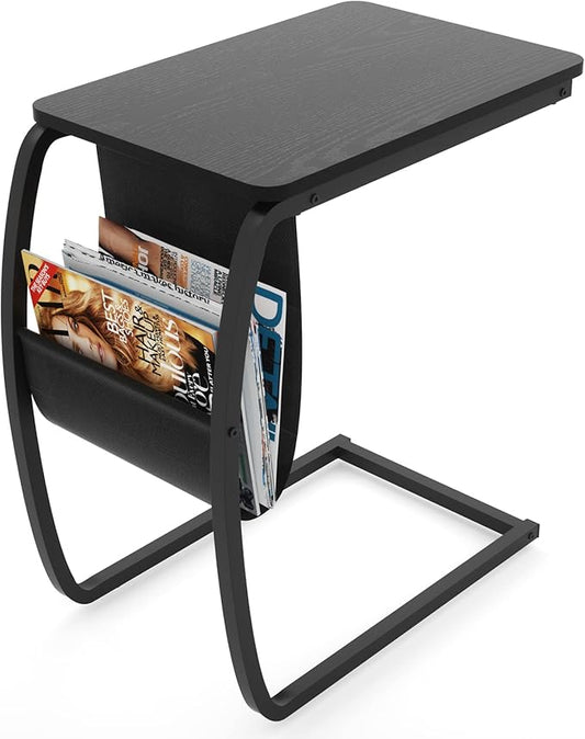 SRIWATANA Side End Tables Living Room, Vintage C-Shaped Laptop Table for Couch, Snack Table with Side Pocket, Black