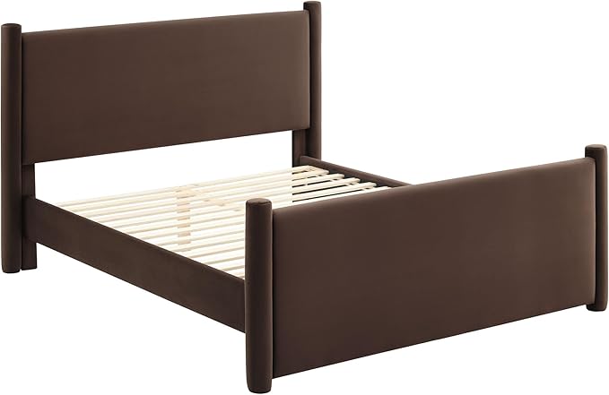 Modway Rael King Platform Bed Frame with Upholstered Headboard and Footboard in Chocolate Brown – Stain-Resistant Performance Velvet King Size Bed with Rounded Posts