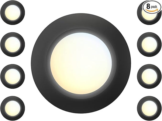 8 Packs 6 Inch Black 5CCT Field Selectable LED Low Profile Recessed & Surface Mount Disk Light, Round, 15W, 920 Lumens, CRI80, 27K-30K-35K-40K-50K, Driverless, Dimmable, ETL & Wet Listed