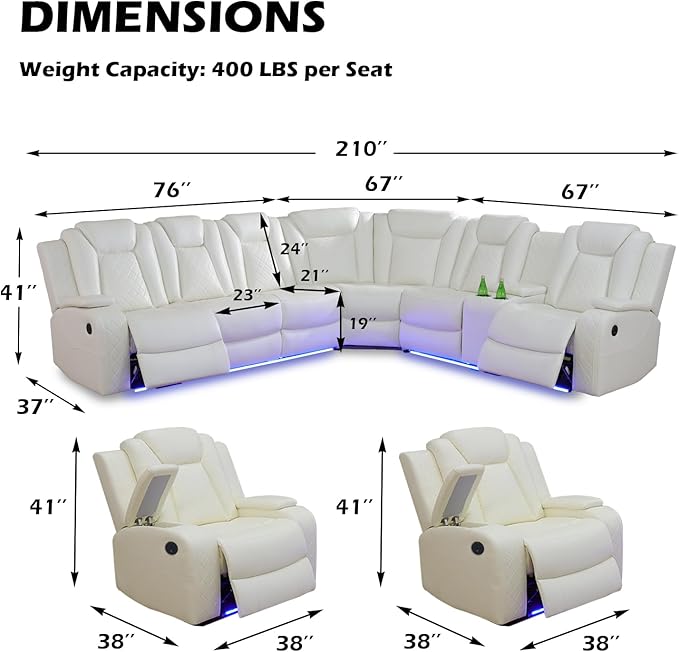 Leather Power Recliner Sectional Sofa Set with LED Light,L Shaped Leather Couch Set with Chair*2,Modular Corner Sofa with USB Ports for Living Room Furniture(White, Sectional+Chair*2)