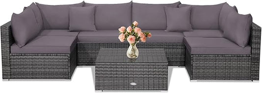 Tangkula 7 Piece Patio Wicker Furniture Set, Outdoor Rattan Sectional Sofa Set for 6 with Seat & Back Cushions, 2 Throw Pillows, Sofa Fastener Clips, for Backyard, Poolside, Deck and Garden (Gray)
