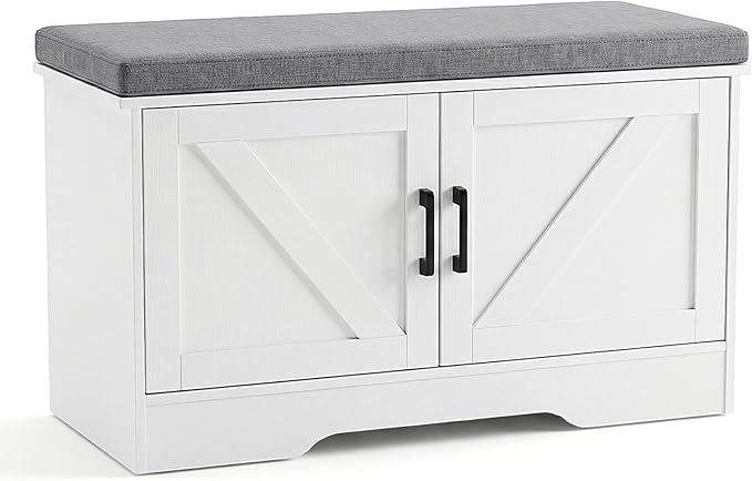 NEWBULIG 2-Tier Storage Bench, 28" Wide Shoe Bench with Padded Seat Cushion, Entryway Bench with 4 Barn Doors and Adjustable Shelf, White