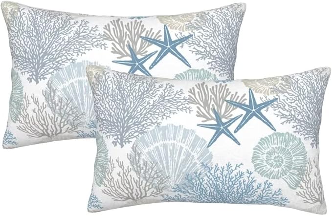 BETGINY Summer Coastal Throw Pillow Cover 12X20 Inch Pack of 2, Beach Seashell Starfish Themed Pillow Covers Square Cotton Ocean Pillow Cases Cushion for Bedroom Home Sofa Decoration