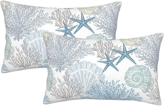 BETGINY Summer Coastal Throw Pillow Cover 12X20 Inch Pack of 2, Beach Seashell Starfish Themed Pillow Covers Square Cotton Ocean Pillow Cases Cushion for Bedroom Home Sofa Decoration