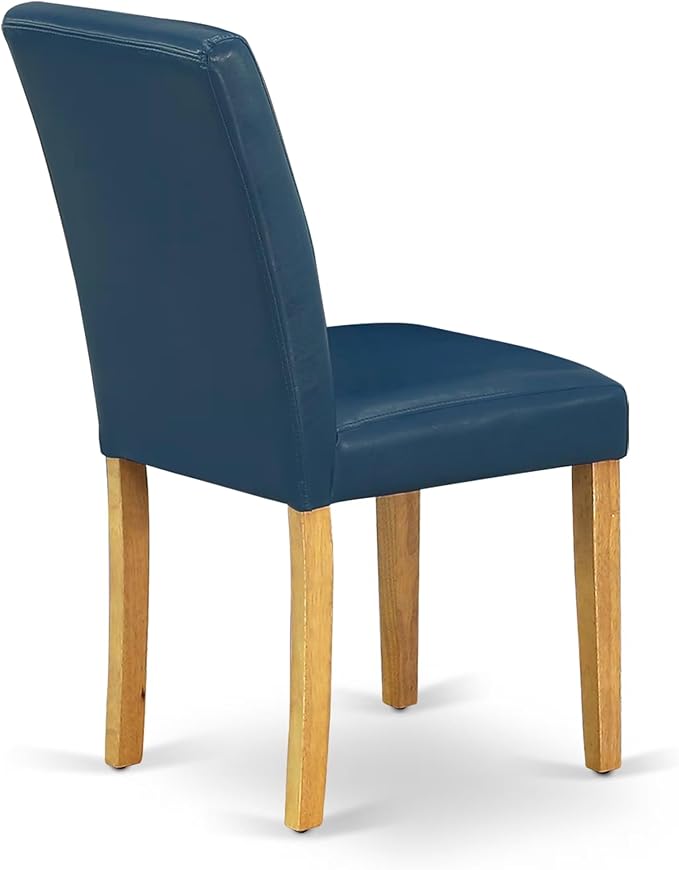 East West Furniture ANAB3-OAK-55 3 Piece Kitchen Table & Chairs Set Contains a Round Dining Room Table with Pedestal and 2 Oasis Blue Faux Leather Parsons Chairs, 36x36 Inch, Oak