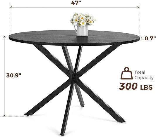 Unovivy 47 Inch Round Dining Table for 4, Space Saving Circle Dining Table with Pedestal Metal Frame, Industrail Modern Round Kitchen Table for Living & Dining Room, Black