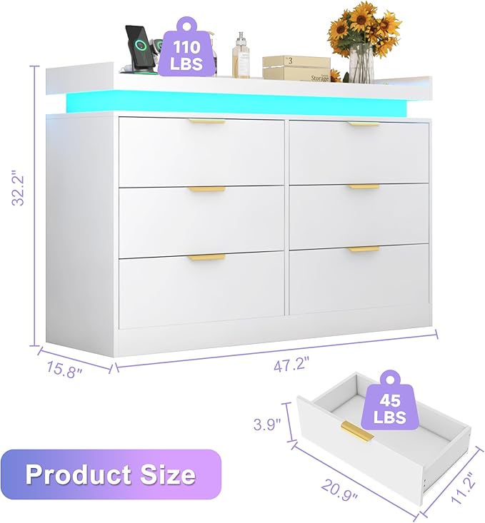 6 Drawer Dresser for Bedroom, White Dresser with LED Lights and Power Outlet, Wooden Dressers Chests of Drawers, Double Wide Dressers for Bedroom, Entryway, Hallway
