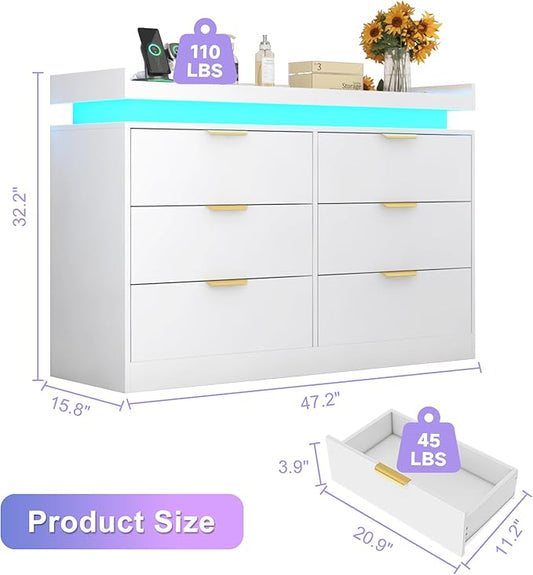6 Drawer Dresser for Bedroom, White Dresser with LED Lights and Power Outlet, Wooden Dressers Chests of Drawers, Double Wide Dressers for Bedroom, Entryway, Hallway
