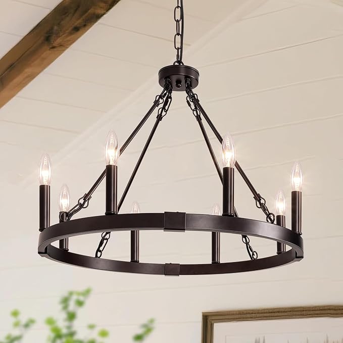 8 Light Wagon Wheel Chandelier, 23.6" Oil-Rubbed Bronze Dining Room Light Fixture with Adjustable Height, Industrial Hanging Lights for Living Room Bedroom Foyer Entryway,E12 Base