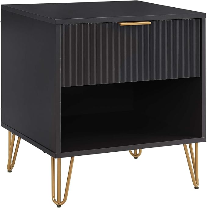 Manhattan Comfort Dumbo Modern Nightstand 1.0 with 1 Drawer and Metal Feet | Splayed Gold Legs | Vertical Ribbed Design | No Tool Assembly Storage for Bedroom & Living Room, Set of 2, Black