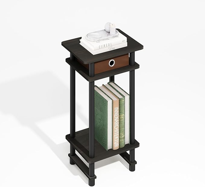 Furinno Turn-N-Tube Side Table, 3-Tier End Table with Storage Bin, Open Shelf Night Stand, Bedside Table, Toolless Assembly, for Living Room, Bedroom, Black Espresso