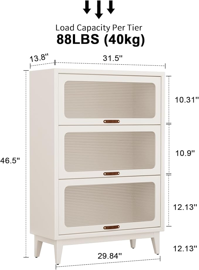 AQIMUELE Solid Wood Storage Cabinet with Glass Doors, 3 Shelf Small Storage Cabinet, Mid Century Modern Bookcase, Kitchen Pantry Cabinet (White, 31.5" W)