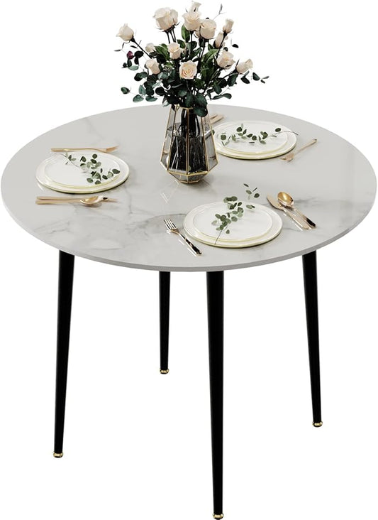 Wisfor Sintered Stone Dining Table: 32" Round Reception Table Modern Coffee Table Marble Table with Metal Legs for Kitchen Living Room Office Patio Seaside (White)