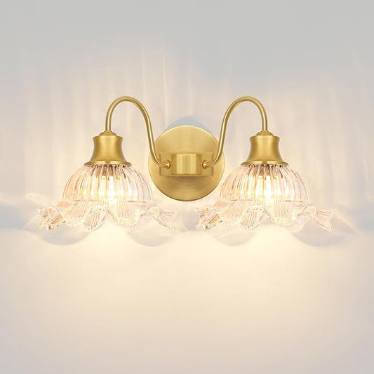 Vintage Vanity Light 2-Light, Gold Bathroom Light Fixture with Crystal Glass Shades, Wall Sconce for Bathroom Mirror Lighting, Brass Wall Sconce Decor for Powder Rooms, Dressing Areas