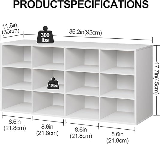 12-Cubby Shoe Rack, 3-Tier Wood Shoe Organizer, Multifunctional Shoe Organizer Bench for Entryway, Mudroom, Hallway, Closet,36.22 * 11.81 * 17.72 Inch,White