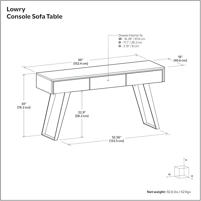 SIMPLIHOME Lowry Console Table - 60 Inch Wide Solid Oak Veneer and Metal Sofa Table in Oak, Modern Industrial Storage Table for Entryway or Living Room with 3 Drawers and Angled Metal Legs