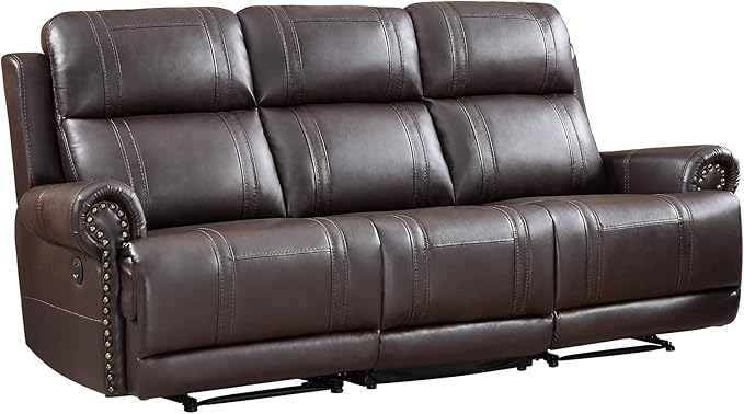 EBELLO Faux Leather Electric Reclining 3 Seat Sofa, Power Recliner Three Seats Sofa Couch with USB and Type-C Charging Ports, Vintage Rivet Design for Small Living Room, Bedroom, Meeting Room, Brown
