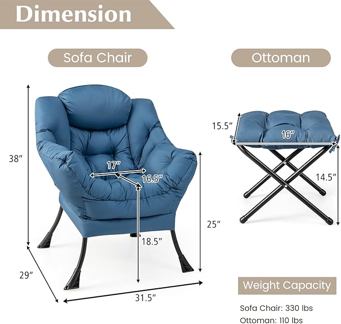 GORELAX Lazy Chair with Ottoman, Modern Accent Chair w/Armrests & Side Pocket, Upholstered Lounge Sofa Chair & Folding Footstool Set, Reading Chair for Bedroom, Living Room, Dorm Room (Navy)