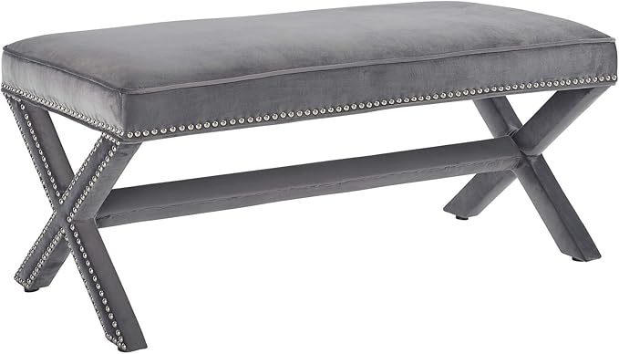 Modway Rivet Contemporary Modern Upholstered Velvet X-Base Accent Bench With Nailhead Trim In Gray