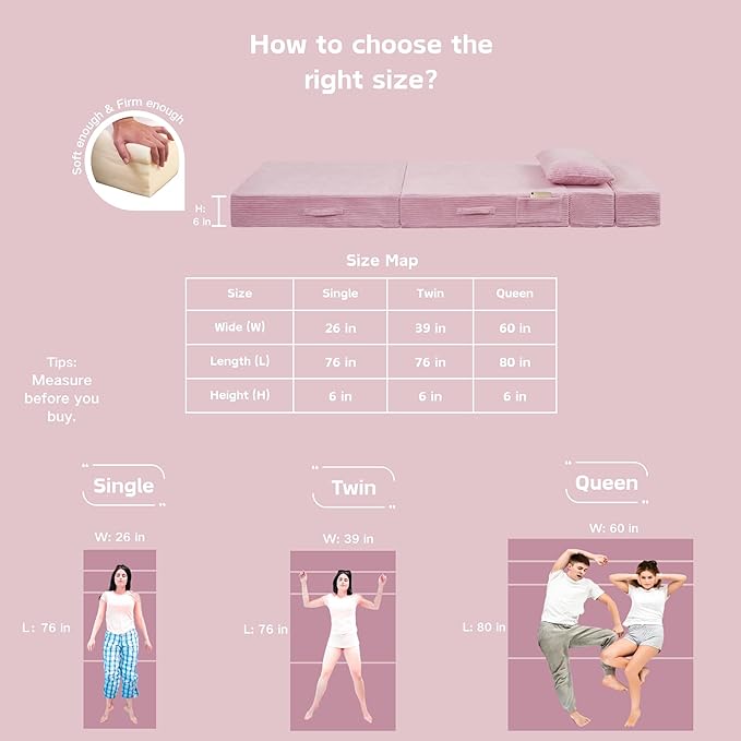 Folding Sofa Bed, 4 in 1 Convertible Sleeper Chair with Pillow, Single Memory Foam Fold Out Chair Bed, Modern Floor Futon Sofa Couch Mattress for Living Room/Guest/Apartment, Pink