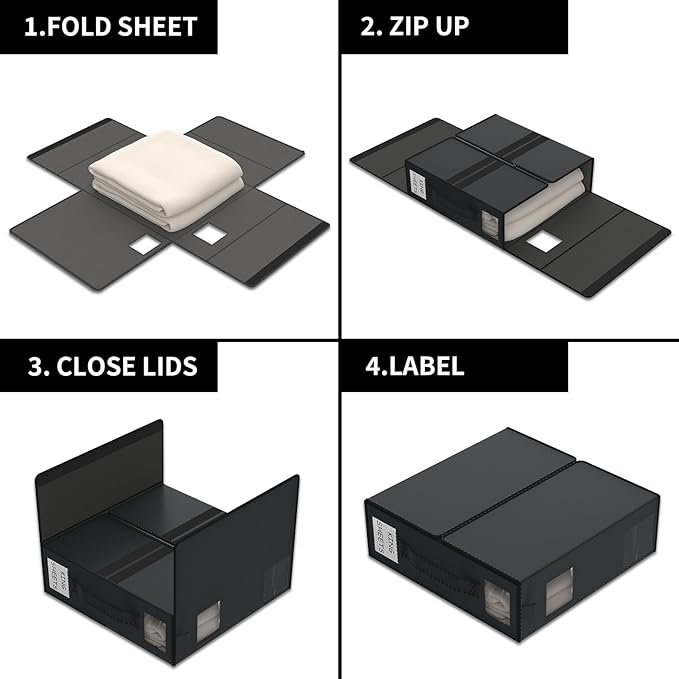 Aokeyee Bed Sheet Organizers and Storage - 8 Pack Queen or King Size Foldable Linen Closet Organizer with Window for Bedding Clothes Blankets,Black