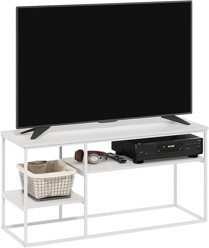 Furinno Moretti TV Stand, 3-Tier Metal Frame Modern Entertainment Center, Open Shelf TV Console for TV up to 45 Inch, for Living Room, Bedroom, Solid White
