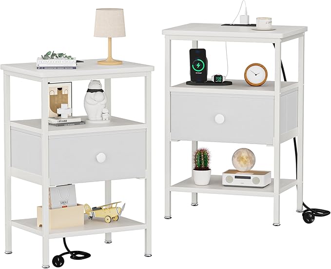 VECELO Nightstands with Charging Station Set of 2,End Tables with Storage Shelf&Fabric Drawer,Bedside Table for Bedroom,Living Room,Small Spaces,White