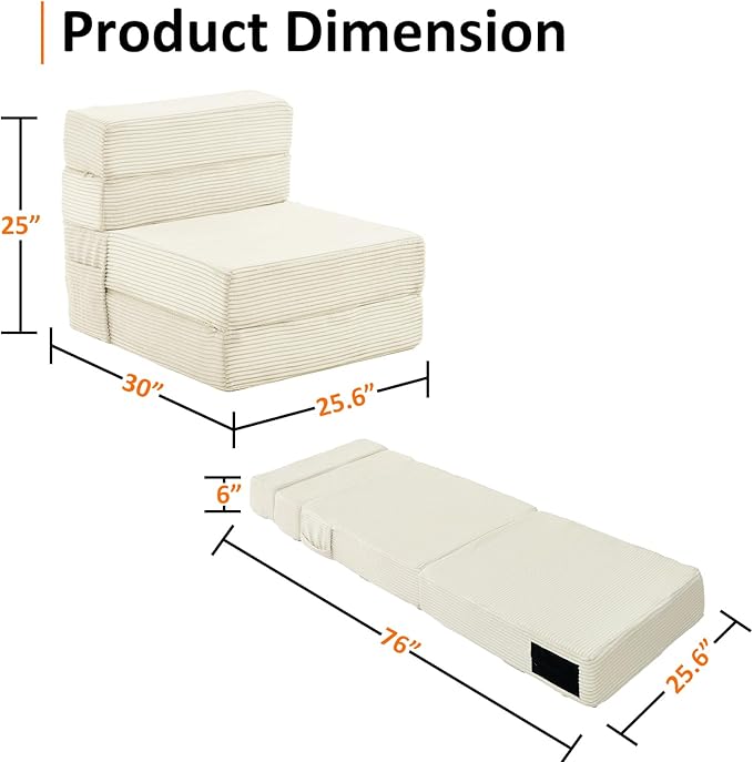 JKMAX Single Size Folding Sofa Bed - 4 in 1 Convertible Sleeper Chair - High Density Memory Foam Futon Couch - Foldable Bed for Living Room Bedroom (Beige)