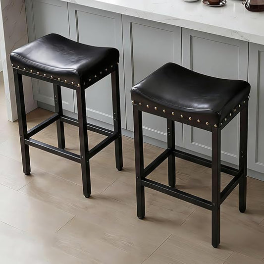 Counter Height Bar Stools Set of 2, 25.5 Inch, Industrial Vintage Bar Stool with Nailhead, Faux Leather Barstool with Footrest, Saddle Stool for Kitchen Island, Dining Room, Easy Assembly