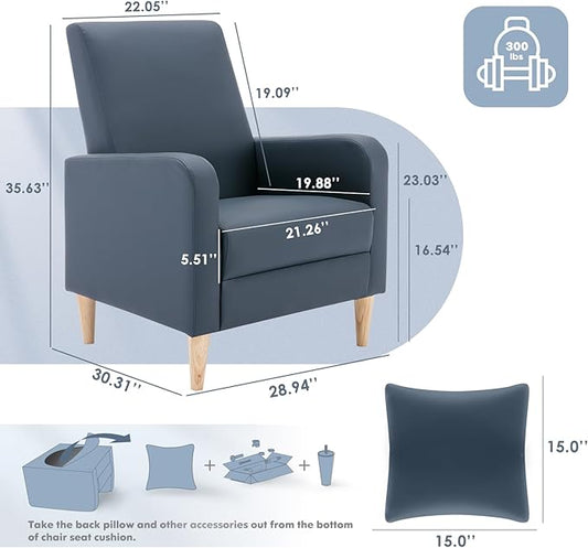COLAMY Faux Leather Accent Living Room Chairs Set of 2, Upholstered Arm Chair Reading Side Chair, Single Sofa with Back Pillow and Wood Legs, L-Blue