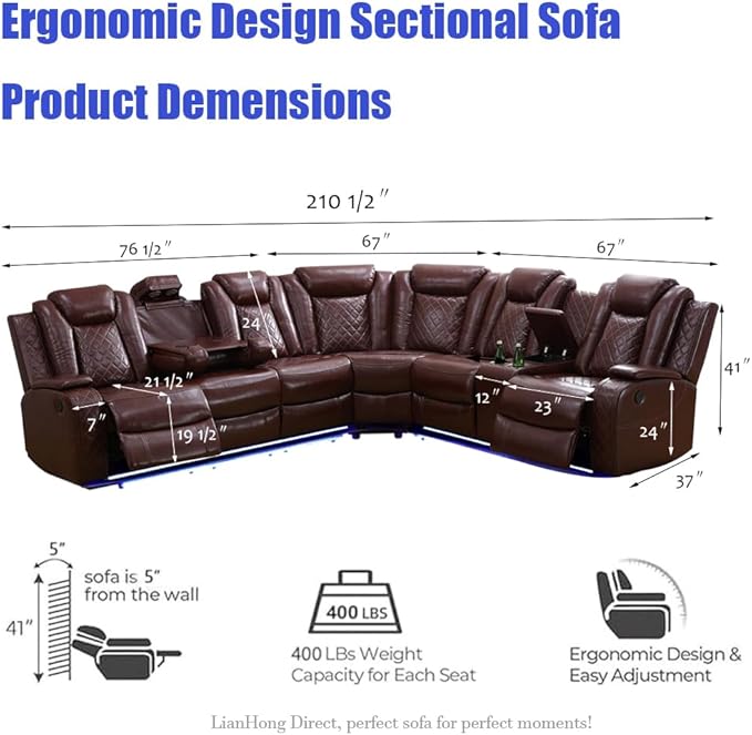 Leather Power Reclining Sectional Sofa Sets, Brown Recliner Sectional Sofa and 2 Chairs, Power Recliner Couch Living Room Furniture Set, L-Shaped Breathing Leather Couch with LED for Office
