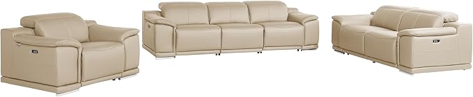 BlackJack Furniture Venice Top Grain Italian Leather 6 Power Recliner Seaters 3 Piece Sofa Set with Adjustable Headrests Modern Luxury Seating Sofa, Loveseat and Chair for Living Room Lounge, Beige