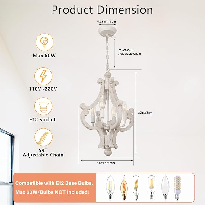 French Country Chandelier, 4-Light Rustic Farmhouse Distressed White Chandeliers for Dining Room, Modern Wood Kitchen Light Fixtures, Hanging Light Fixture for Bedroom Entryway Island