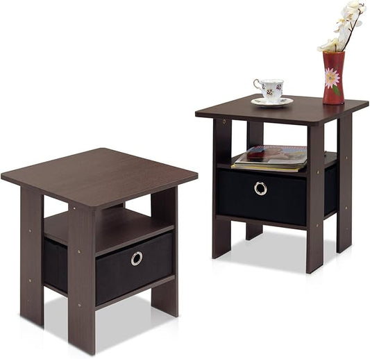 Furinno Andrey Set of 2 End Table / Side Table / Night Stand / Bedside Table with Bin Drawer, Dark Brown/Black