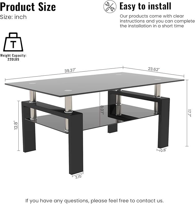 DKLGG Glass Coffee Table, Rectangle Center Table Living Room Tables with Lower Shelf, 2-Tier Modern Black Coffee Table w/Metal Tube Legs, Glass Tables for Living Room Waiting Area, All Black