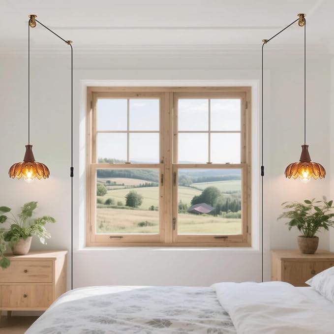 YLONG-ZS Vintage Hanging Lamp Plug in Hanging Light,Modern Flower Glass Pendant Light Plug in Walnut Wood Holder,Hanging Lamps with Pulley for Kitchen Island, Bedroom, Dining Room, Living Room，Corner