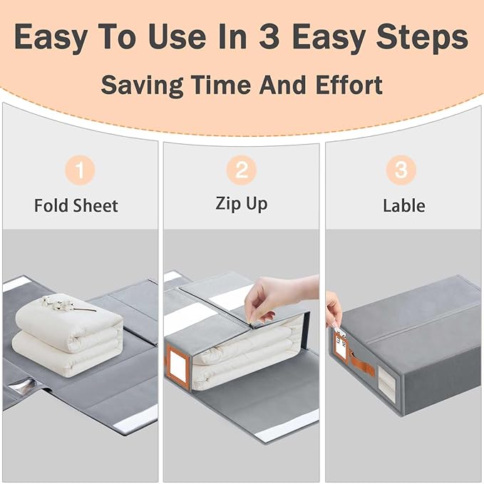 GhvyenntteS 6 Pack Bed Sheet Organizers and Storage, Sturdy Bed Sheet Organizer with Zipper and Handle, Foldable Linen Closet Organizers and Storage with Window and Label, Grey