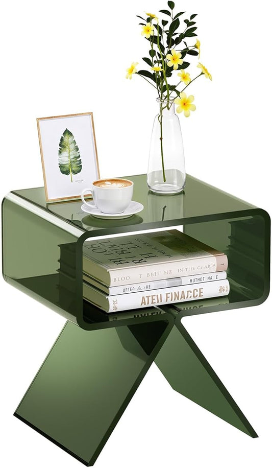 VEVOR Acrylic Nightstand Side Table, Modern Clear End Table with Storage Shelf, Transparent Small Bedside Table for Bedroom, Home Decor, Living Room, No Assembly Needed, Green