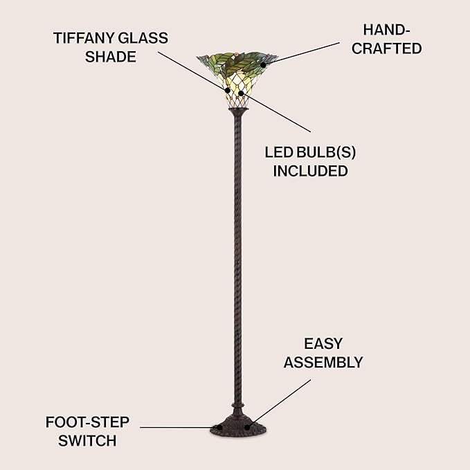 JONATHAN Y 71" Bronze Botanical Tiffany-Style Torchiere LED Floor Lamp, Handcrafted Stained Glass Bowl Shade, Traditional Iron Standing Lamp for Living Room, LED Bulb Included JYL8004A