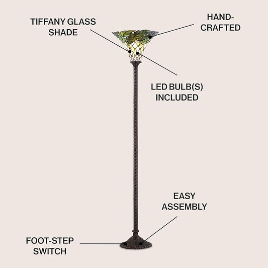 JONATHAN Y 71" Bronze Botanical Tiffany-Style Torchiere LED Floor Lamp, Handcrafted Stained Glass Bowl Shade, Traditional Iron Standing Lamp for Living Room, LED Bulb Included JYL8004A