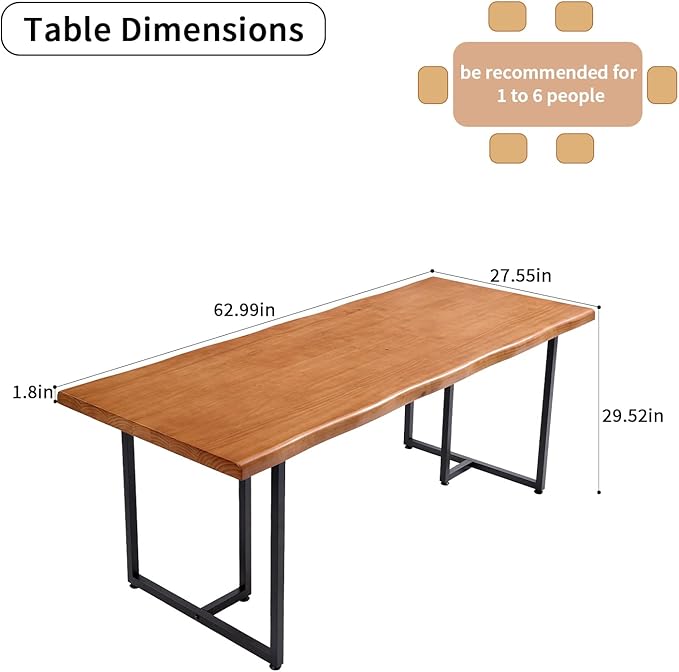 62.99" Wood Brown Solid Wood Dining Table, Heavy-Duty Metal Legs Leisure Table for Home Office, Kitchen & Restaurant Use