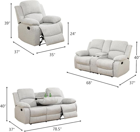 Living Room Furniture Sets 2PCS Fabric Recliner Sofa Set Modern Loveseat Couch Set Manual Reclining Sofa Set with Cup Holders/Storage Console for Living Room/Rv Car (Grey White, Sofa+Loveseat)