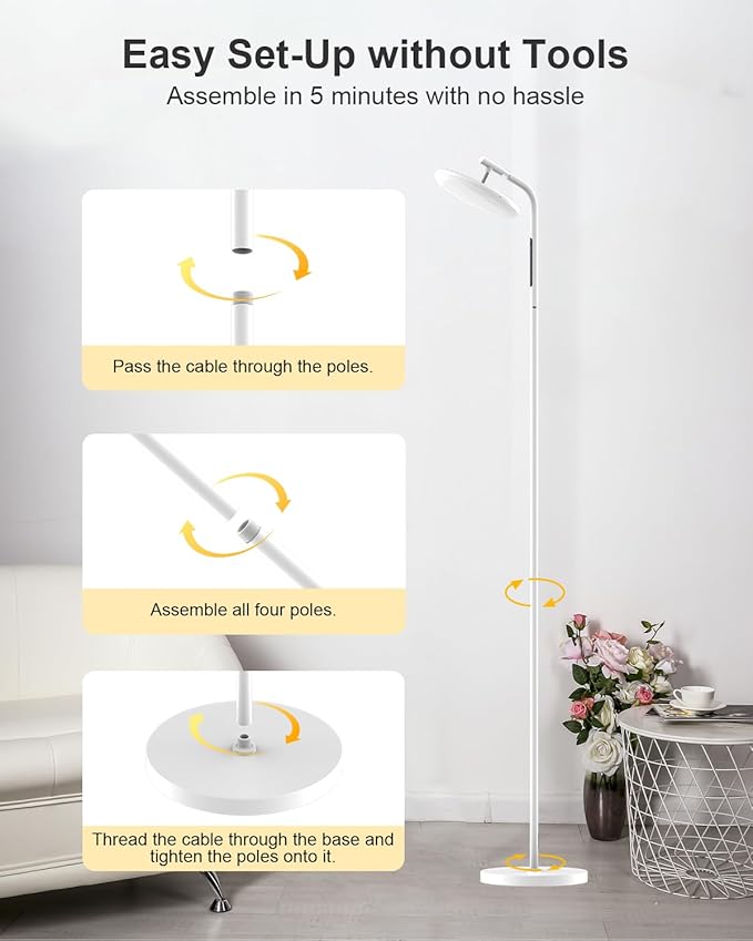 LED Floor Lamp, 32W Super Bright Standing Lamp with Remote Control, Modern Dimmable 69" Torchiere Tall Lamp, 350°Rotating Head Reading Floor Lamp for Living Room, Bedroom, Office, White