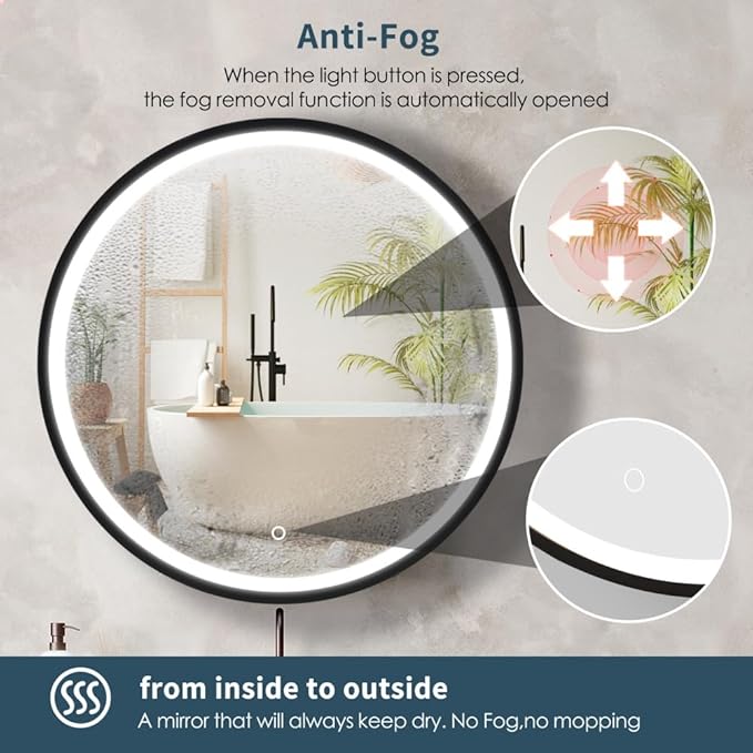 Movo Black Round LED Medicine Cabinet, 3 Color Lighting Dimmable,20 Inch Circle Front Lighted Medicine Cabinet with Defogger, Wall Mounted Illuminated Storage Cabinet for Bathroom
