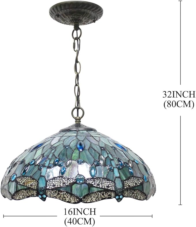 WERFACTORY Tiffany Pendant Light Fixture Sea Blue Stained Glass Dragonfly Hanging Lamp Wide 16 Inch, Height 40 Inch S147 Series