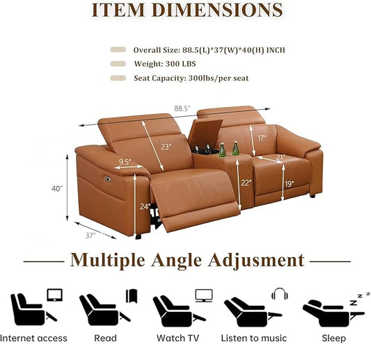 Loveseat Recliner Couch for Living Room, Breathing Leather Reclining Love Seat, 88" Modern Style Sofa Living Room Furniture with Dual Recliner, Storage Console&USB Port