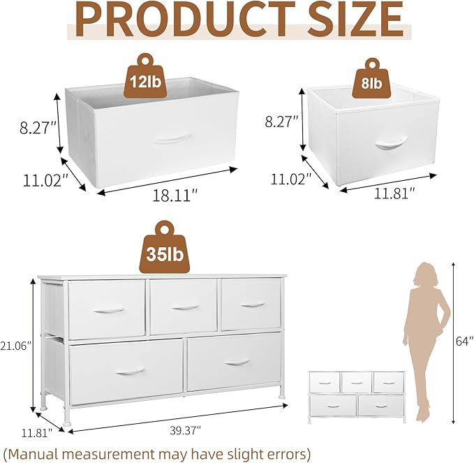 SHAWKEN Dresser for Bedroom with 5 Drawers,Fabric Dresser with One-Piece Steel Frame,Budget-Friendly Organizer for Closet, Hallway, Studio Apartment (Leather White)